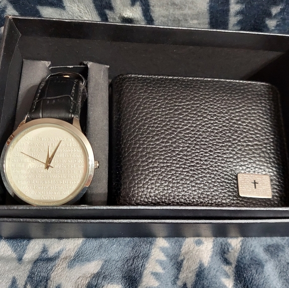 NIB SteelTime Lord\'s Prayer Watch & Wallet Set Black, Silver & Cream